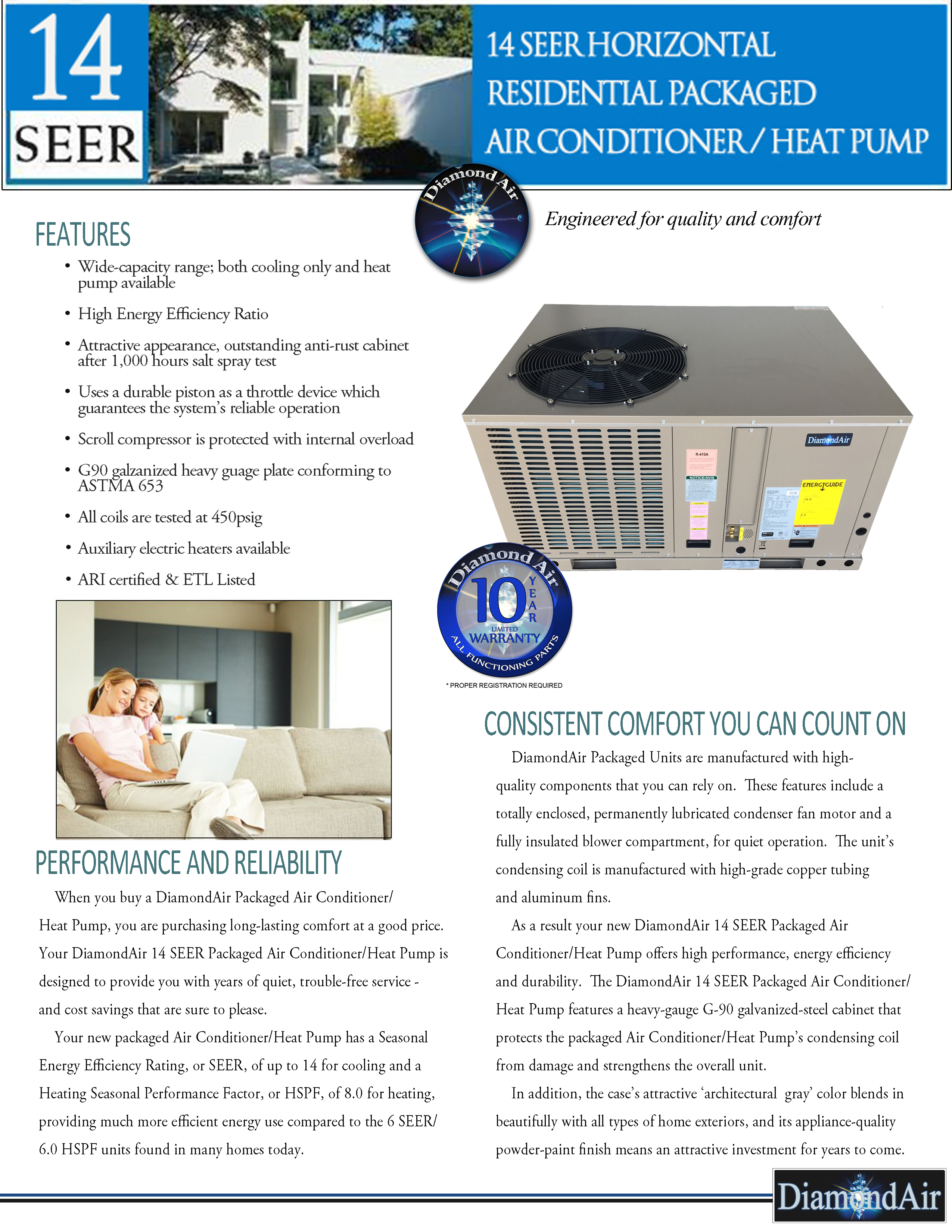2.5 Ton DiamondAir 14 SEER Heat Pump Package Unit D1430HPT (T)